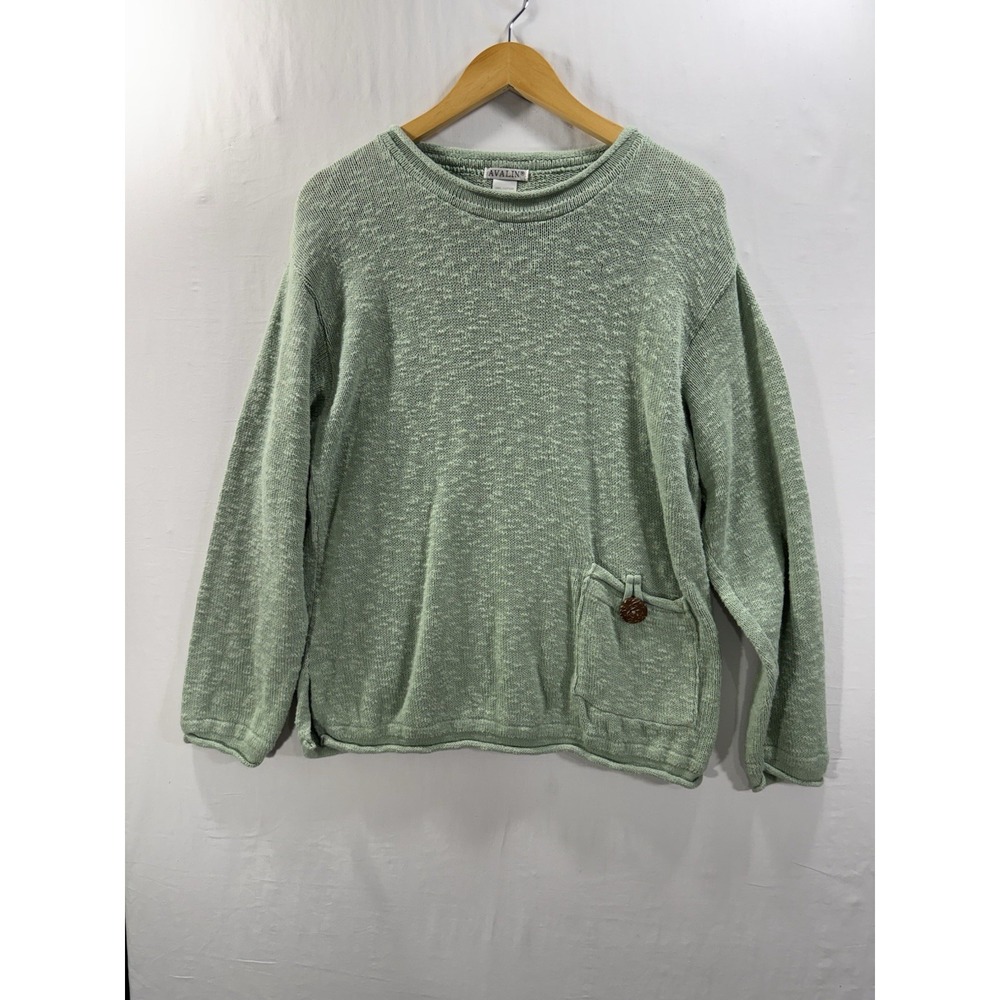 Avalin Knit Sweater One Size Green Cotton Slouchy Pocket Button Detail Boho USA